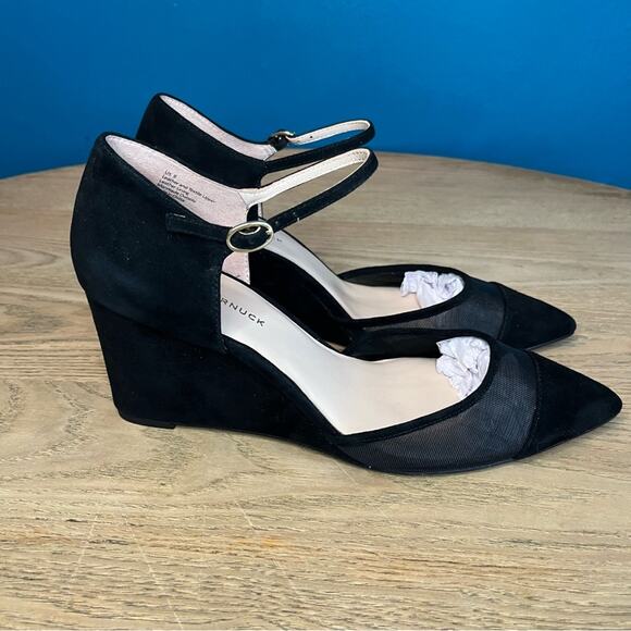 New! Tuckernuck Black Mesh Darcy Wedges Suede Leather Heels Women’s Size 9 - Picture 2 of 10